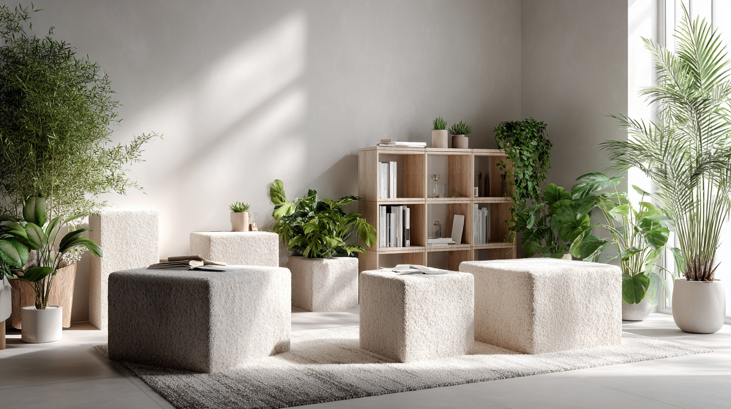 Modulares Regal aus selbstheilenden Myzelwürfeln in einem hellen Wohnzimmer